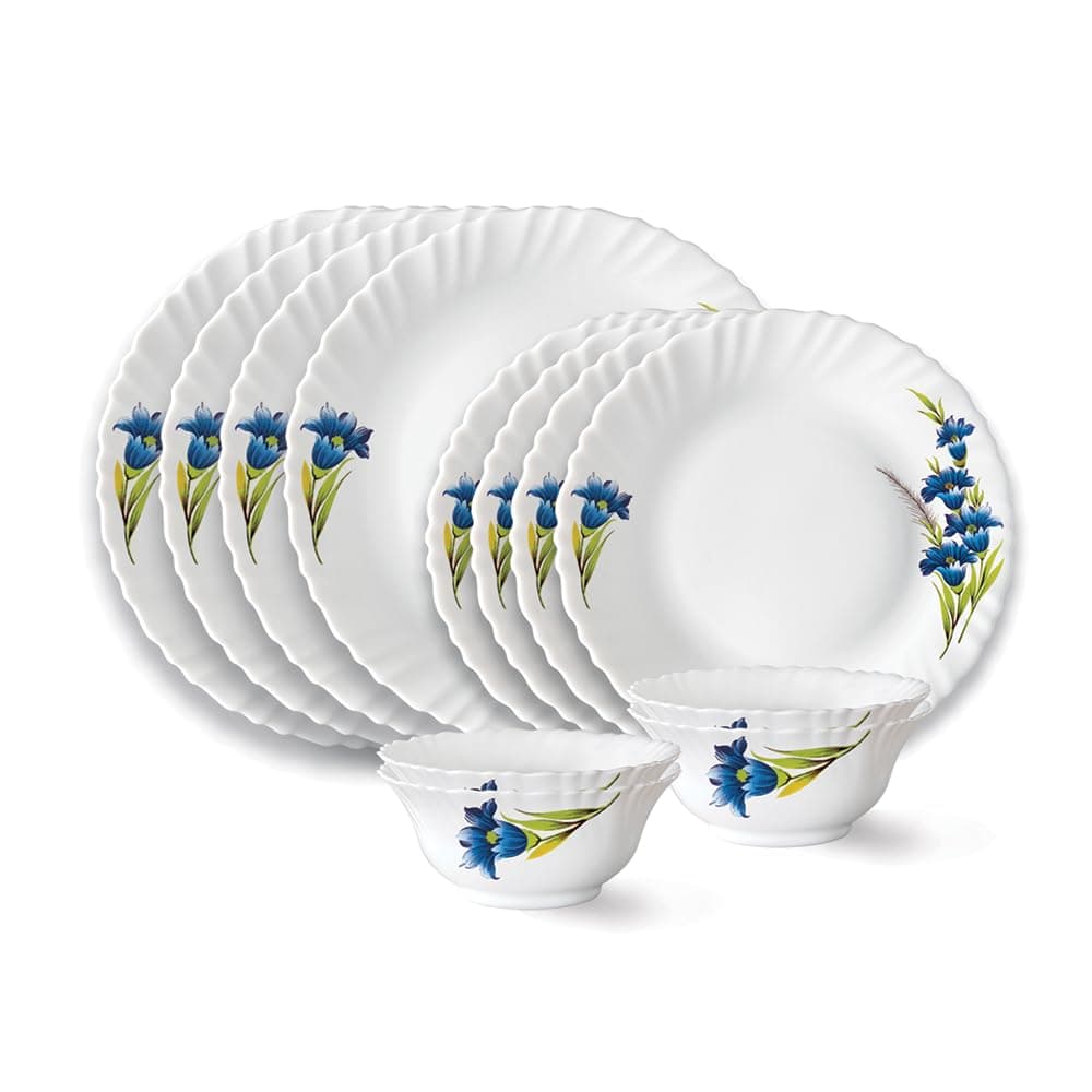 Larah by Borosil Nina Fluted Series Opalware Dinner Set | 12 Pieces for Family of 4 | Microwave & Dishwasher Safe | Bone-Ash Free | Crockery Set for Dining & Gifting | Plates & Bowls | White