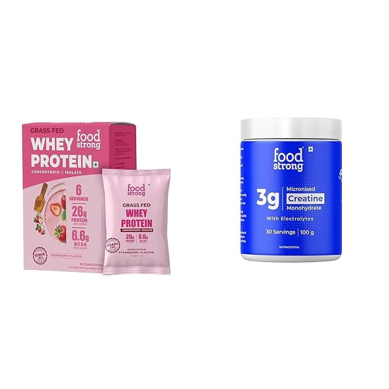 Foodstrong Whey Protein Powder Strawberry Flavour, 6 Sachets, 210G + Foodstrong Micronized Creatine Monohydrate Powder With Electrolytes, 100g (30 Servings)