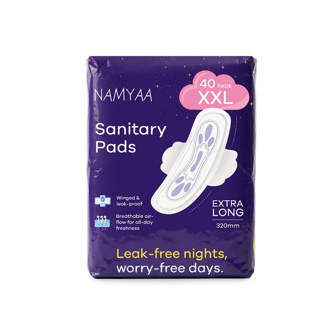 Namyaa Sanitary Pads XXL 320mm – Extra Long, Ultra Thin, Winged & Leak-Proof Pads for Heavy Flow – Breathable, Rash-Free Comfort (40 Pads)