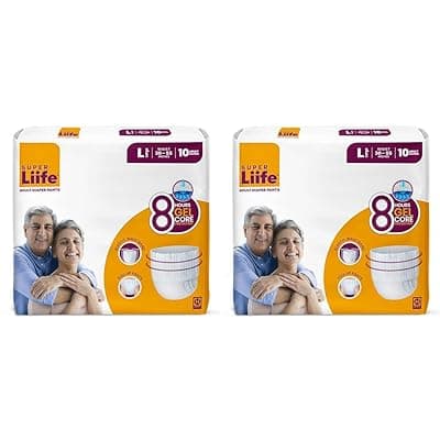 Super Liife Adult Pants Style Diaper Large Size (L),75-140 Cm (30"- 55") | Unisex, Leakproof, Elastic Waist, Wetness Indicator -10 Count (Pack of 2)
