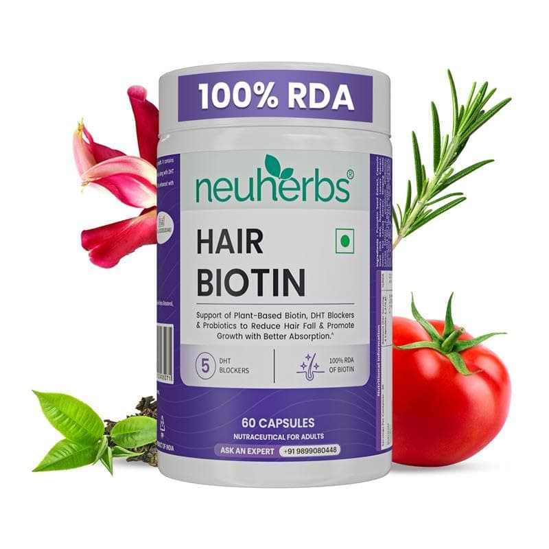 Neuherbs Hair Biotin Capsules for Hair Growth | Supports Hair Fall Control & Stronger Thicker Hair | With DHT Blocker for Men & Women | Healthy Scalp & Hair Repair | 60 Capsules