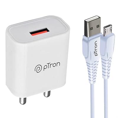 pTron Volta 12W Single Port USB Fast Charger, BIS Certified, Made in India Wall Charger Adapter, Universal Compatibility (1 m Micro USB Cable Included, White)