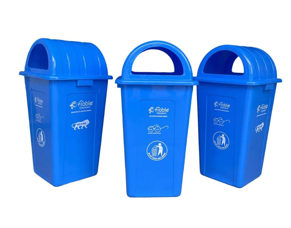 Fiable Cleantech 90L Blue Dome Shape Plastic Dustbin - Pack of 3 | Large Outdoor Trash Can for Residential & Office