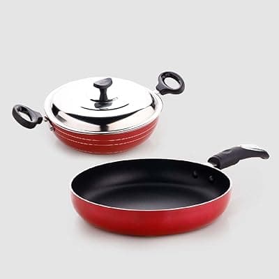 Crystal Platinum Series 2 pcs Nonstick Cookware Set | 250mm Kadai + 250mm Fry Pan with Stainless Steel Lid | Thickness- 3mm | Metal Spoon Friendly