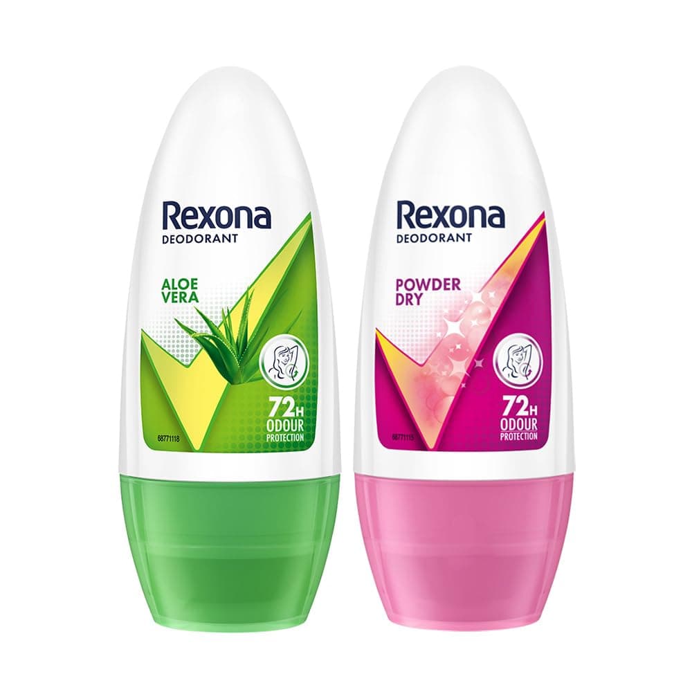 Rexona Aloe Vera Underarm Roll On Deodorant For Women, Antiperspirant, Removes Odour, Keeps Skin Fresh & Clean, Alcohol Free, Skin Friendly, 50 ml pack of 2