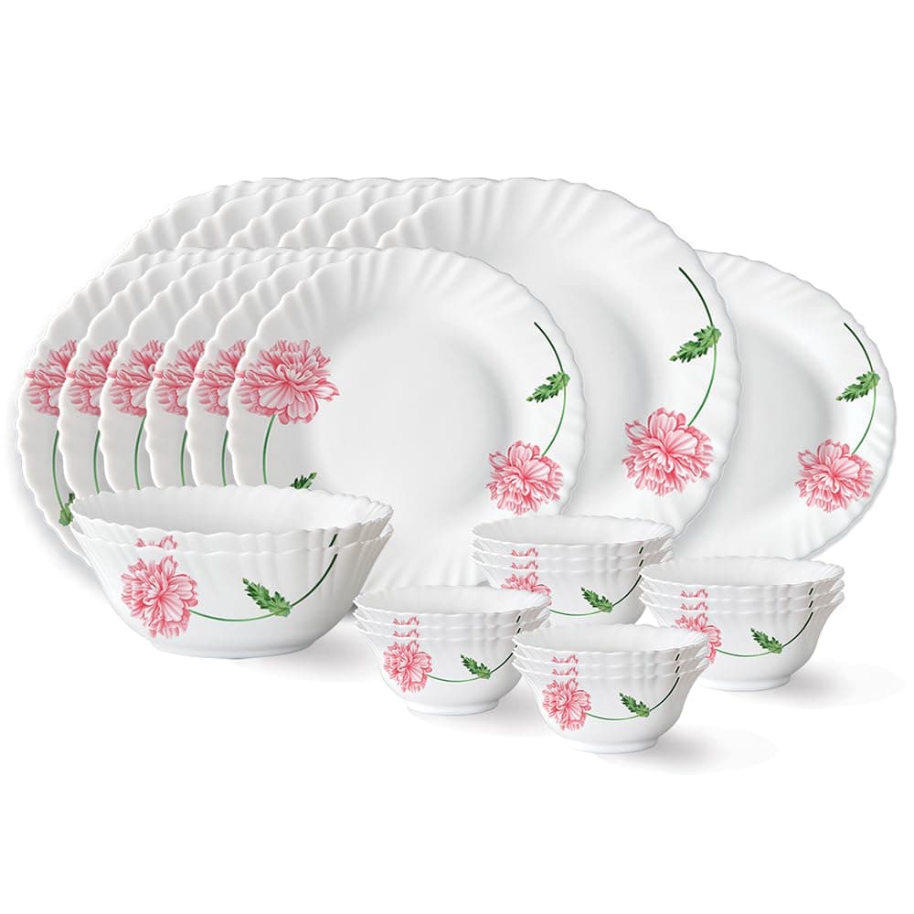 Larah by Borosil Red Mist Fluted Series Opalware Dinner Set | 27 Pieces for Family of 6 | Microwave & Dishwasher Safe | Bone-Ash Free | Crockery Set for Dining & Gifting | Plates & Bowls | White