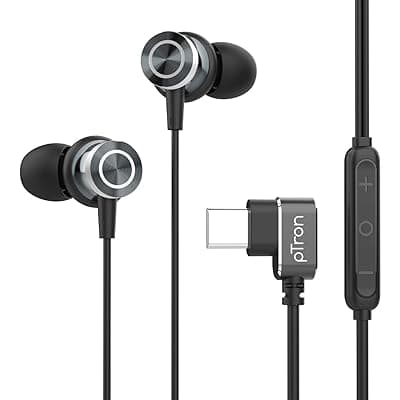 pTron Boom Play X3 In-Ear Type C Wired Headphones with Mic, 10mm Drivers for Pristine Sound, In-line Controls, 90 Degree USB-C Connector, 1.2m Tangle-Free Cable, Metal Buds &amp; Wide Compatibility(Black)