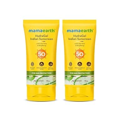 Mamaearth Hydragel Indian Sunscreen With Aloe Vera And Raspberry For Sun Protection | SPF 50 & PA++++ Protection | Shields From UVA & UVB Rays | Tan Protection All Skin | Non-Sticky&Light | 50 G X 2