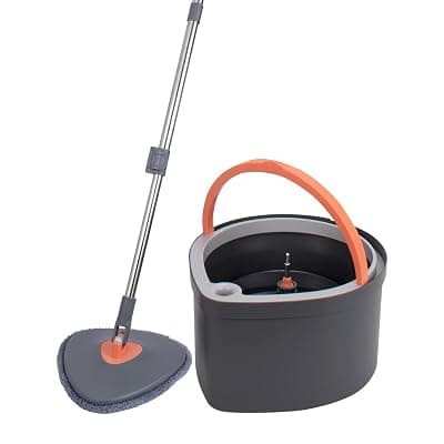 BonKaso 360° Spin Mop with Drop Bucket Deluxe System Set and Reusable Microfiber Pads for Wet &amp; Dry Glass, Wall, Tile and Home Floor Cleaning - Grey and Orange