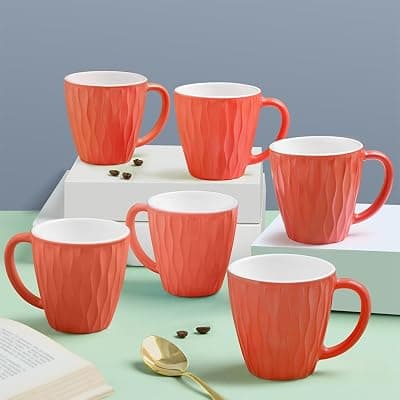 Larah by BOROSIL 6pc Opalware Curl Sunset Orange Tea/Coffee Mug Set (200 ml Each) | Microwave &amp; Dishwasher Safe, Bone-Ash Free | Crockery Set Ideal for Daily Use &amp; Gifting