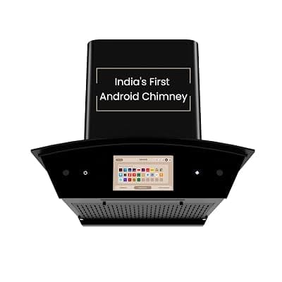 Beyond Appliances Asteria 60cm Auto Clean Kitchen Chimney | 1408 CMH Suction | Filterless | Curved Glass | Smart Screen &amp; Speakers | Touch Control | Black Finish