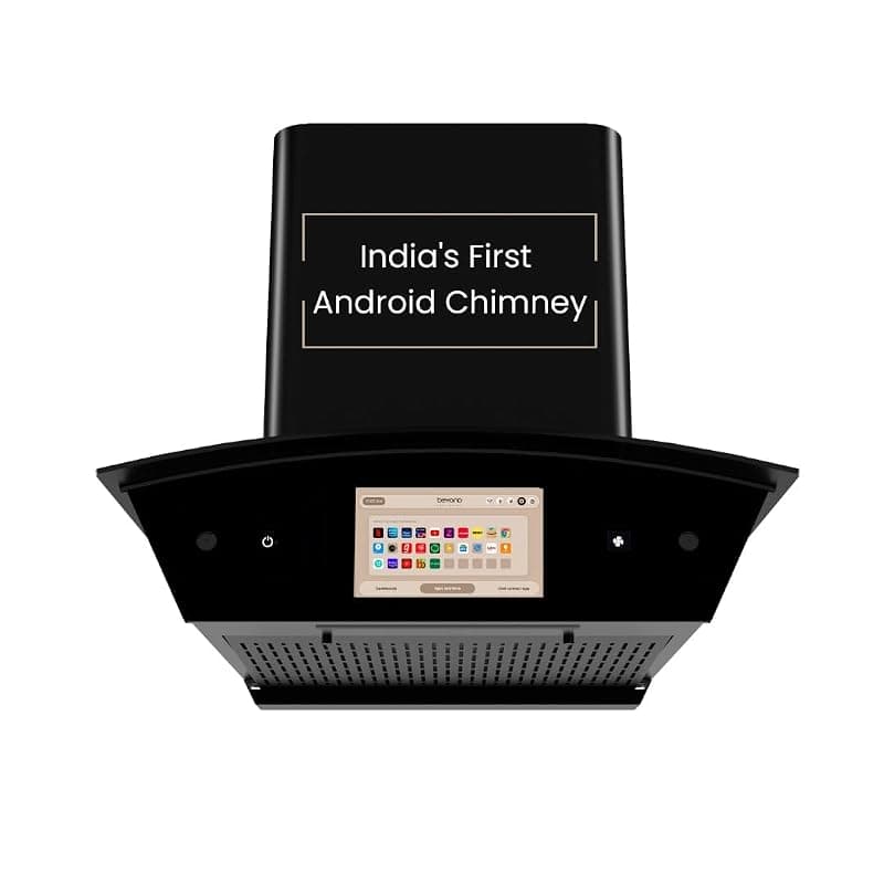 Beyond Appliances Asteria 60cm Auto Clean Kitchen Chimney | 1408 CMH Suction | Filterless | Curved Glass | Smart Screen &amp; Speakers | Touch Control | Black Finish