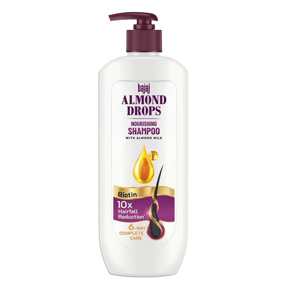 Bajaj Almond Drops Nourishing Shampoo with Almond Milk, Vitamin E & Biotin | For Soft, Shiny Hair | 10X Hairfall Reduction | Paraben Free- 340ML