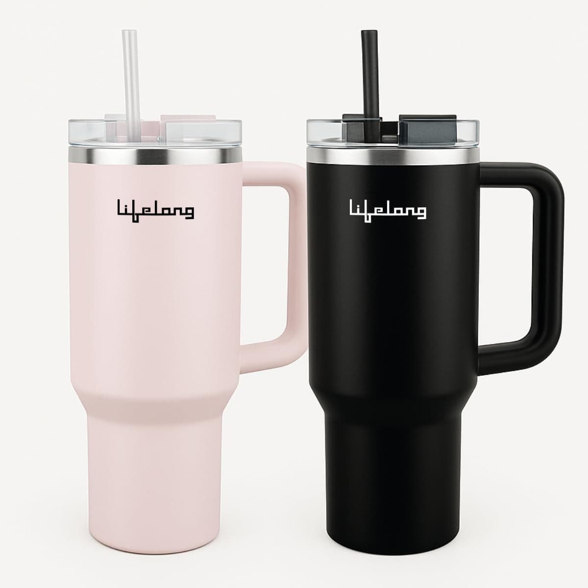 Lifelong Double-Walled Vacuum Insulated Tumblers 1200ml | Set of 2 | Unbreakable Tritan Lids, Stainless Steel Straws & Straw Cleaner | Hot 8 Hrs Cold 12 Hrs | Durable Steel with Handle (LLTBRCB1)
