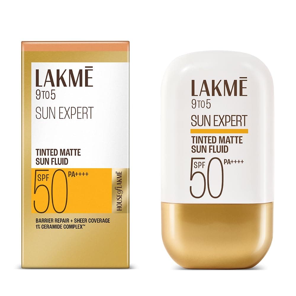 Lakme Sun Expert Tinted Dry Matte Sunscreen Fluid SPF 50+ PA++++ | 1% Ceramide Complex for Skin Barrier Repair | Sheer Coverage Foundation Like Finish – Bronze (50ml)