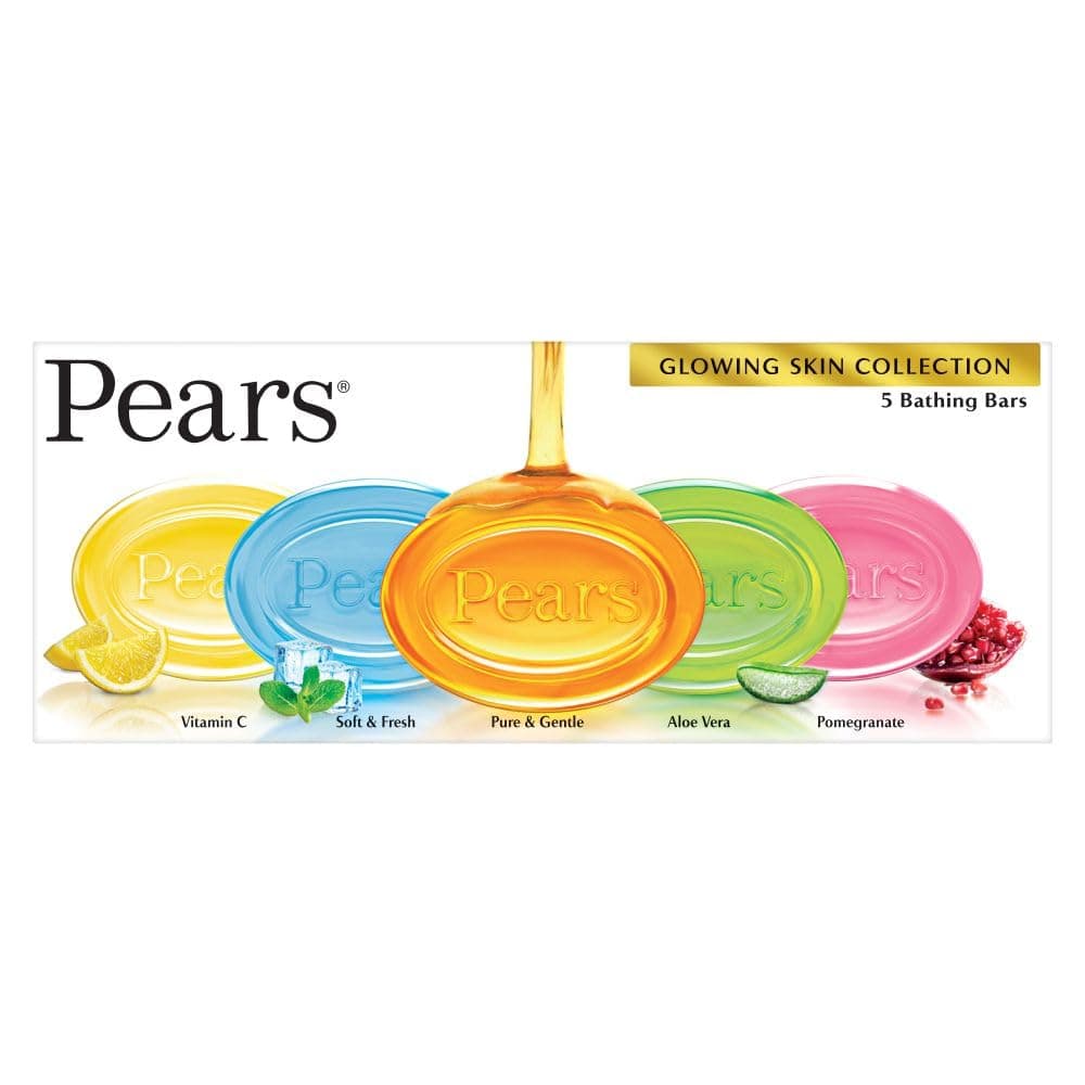 Pears Glycerin Bathing Bar, Variety Pack, 125g, Pure & Gentle, Soft & Fresh, Aloe Vera, Pomegranate and Vitamin C, Dermatologically Tested for Men and Women, Pack of 5