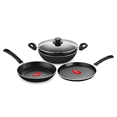 Pigeon Basics Induction Base Non Stick Aluminium Cookware Set, Including Flat Tawa, Kadai with Glass Lid, and Frying Pan (Black)