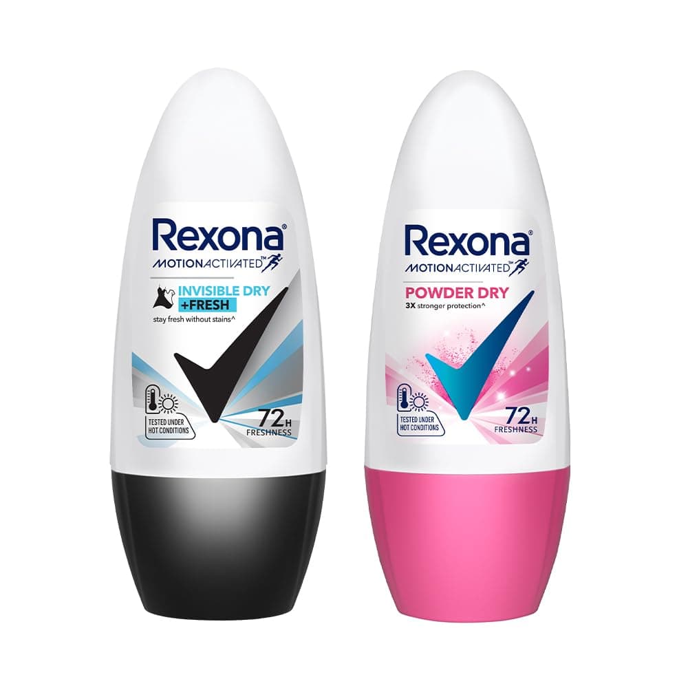 Rexona Roll-On Deodorant | Invisible Dry + Powder Dry Motion Activated Deo for Women | up to 72Hr odour protection | 45 ML each
