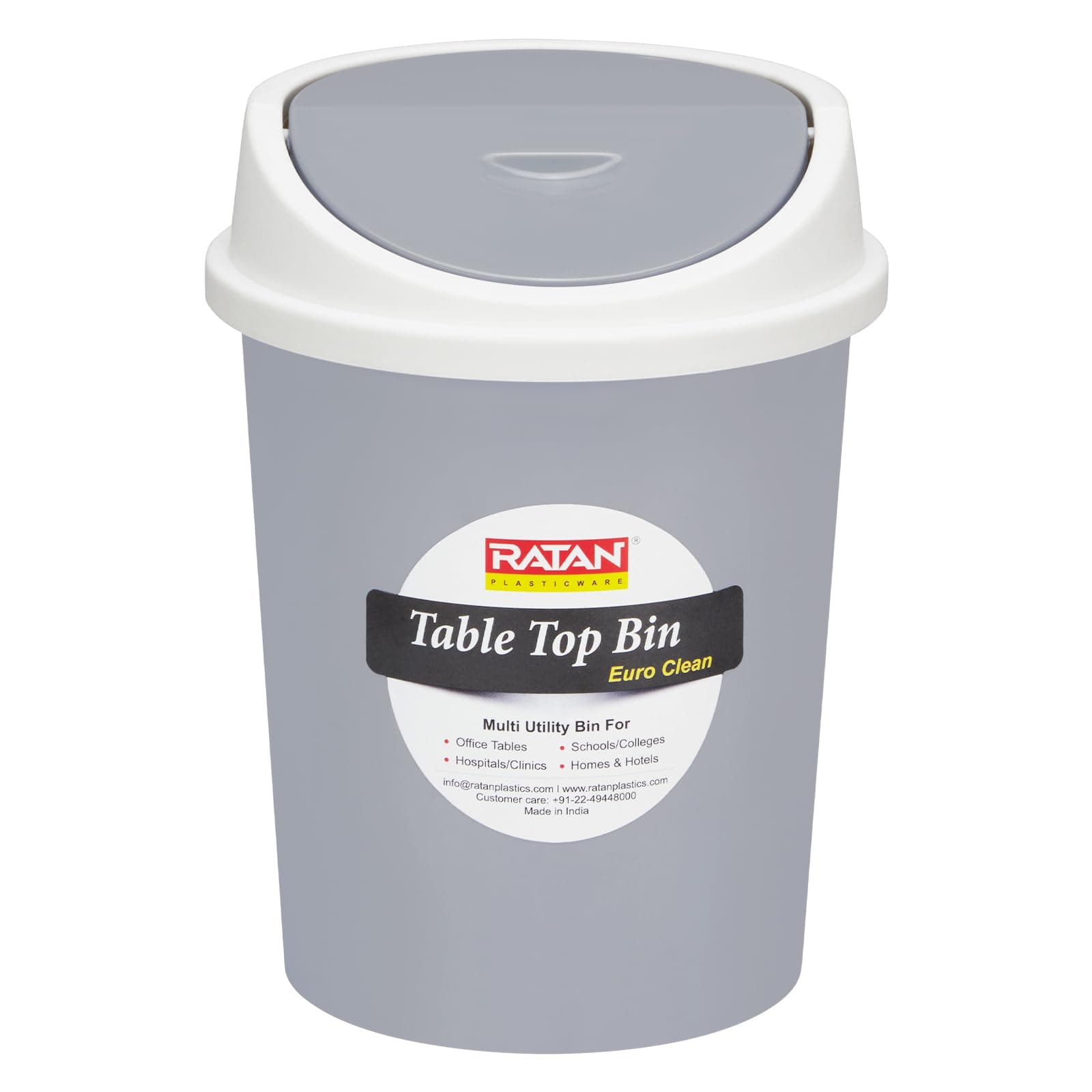 RATAN PLASTICWARE Euro Clean Table Top Medium Dustbin with Swing Lid for Study Table, Desk, Kitchen Sink, Car, Kids Room | Compact and Stylish Waste Storage Garbage Bin - 2 Litre, Grey