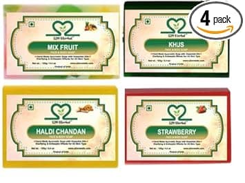 Handmade Soap Combo Kit 10 - Pack of 4 (Haldi Chandan, Strawberry, Khus, Mix Fruit Soap) (|Gift Pack For Glowing Skin | (4 x 125g) (4 x 125 g)