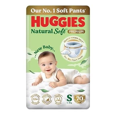 Huggies Natural Soft Premium Baby Diaper Pants, Our No.1 Soft Pants, Small (S) Size (4-8 Kgs), Pack of 70 diapers | Cloud Softness All over with India's 1st Cloud Touch BeltTM
