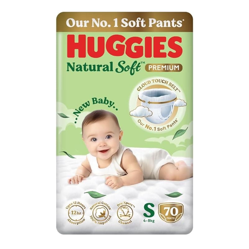 Huggies Natural Soft Premium Baby Diaper Pants, Our No.1 Soft Pants, Small (S) Size (4-8 Kgs), Pack of 70 diapers | Cloud Softness All over with India's 1st Cloud Touch BeltTM