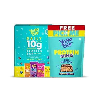 Yogabar 10g Protein Bars Variety Pack of 6 (2x Blueberry Blast, 2x Mocha Brownie, 2x Dark Chocolate Chip) + 7x 4g Protein Minis (Free) | Zero Added Sugar | Low Net Carbs | Whey, Peanut & Soy Protein Blend | Healthy Snack Bars