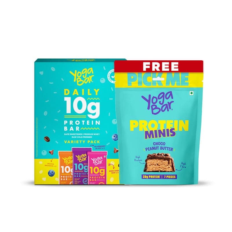 Yogabar 10g Protein Bars Variety Pack of 6 (2x Blueberry Blast, 2x Mocha Brownie, 2x Dark Chocolate Chip) + 7x 4g Protein Minis (Free) | Zero Added Sugar | Low Net Carbs | Whey, Peanut & Soy Protein Blend | Healthy Snack Bars