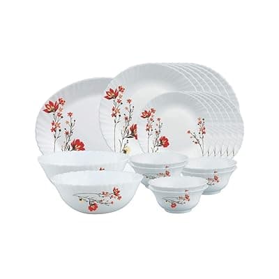 Larah by Borosil Chrys Red Opalware Dinner Set, 21 Pieces, White