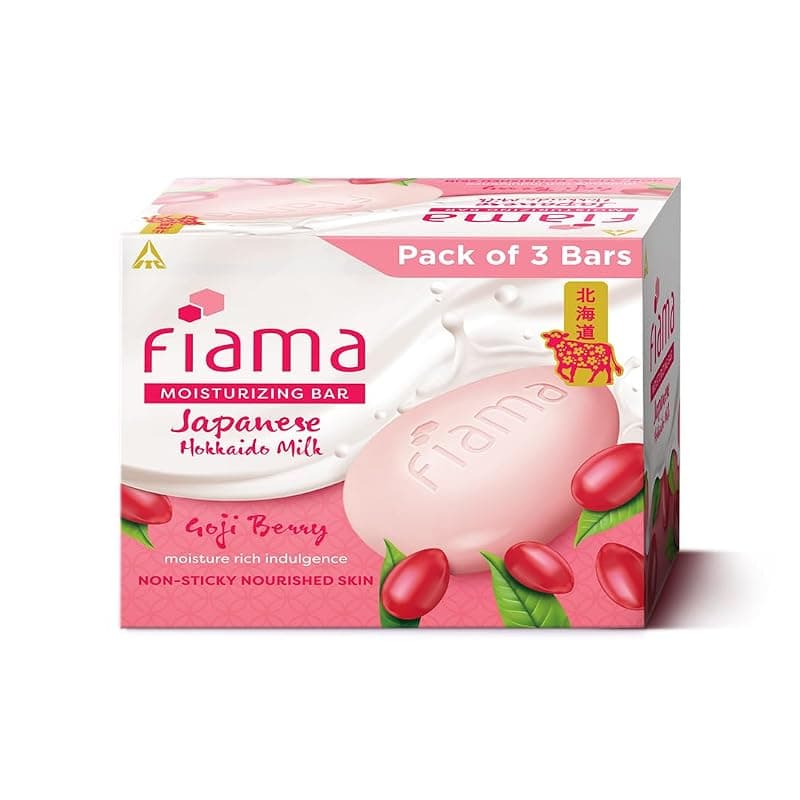 Fiama Skin Barrier Strengthening Moisturizing Soap Bar 125gx3, Goji Berry & Japanese Hokkaido Milk Celebration Pack of 3, Non-Sticky Soft Skin, 1/3rd Moisturizers, For Men & Women