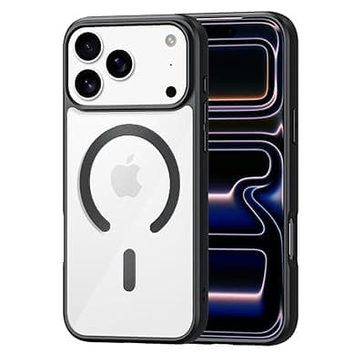 amazon basics Mobile Cover for Apple iPhone 17 Pro Max (Silicon Crystal Clear Slim PC &amp; TPU, Soft &amp; Shockproof Back Case, Magnetic Case), Black