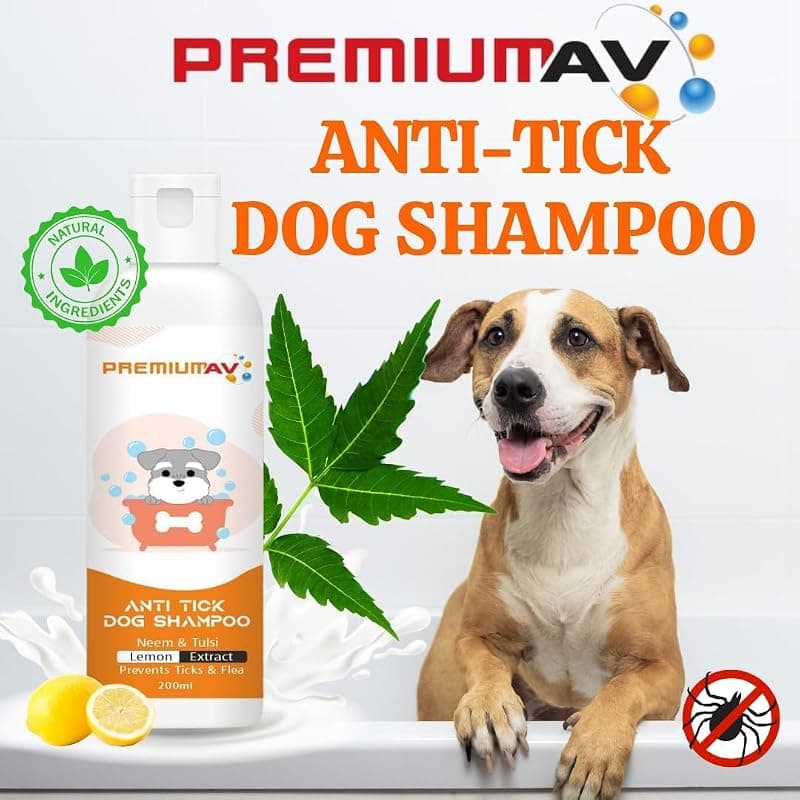 PremiumAV Anti Tick Dog Shampoo with Neem, Tulsi &amp; Lemon – 200ml Herbal Shampoo for Dogs &amp; Cats, Prevents Ticks &amp; Fleas, Reduces Hair Fall, Cleans &amp; Brightens Coat – for All Breeds &amp; Ages