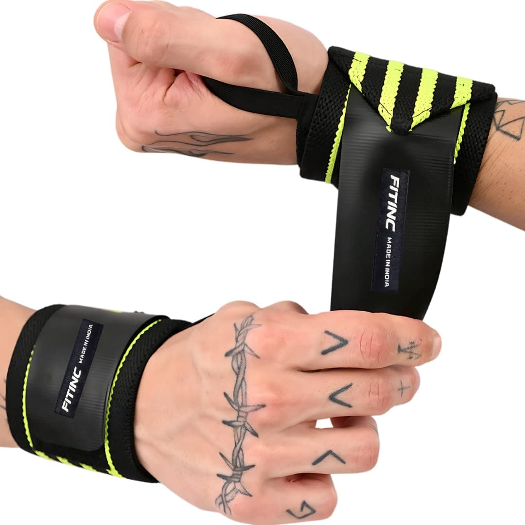 FITINC Weight Lifting Wrist Support for Men & Women with Thumb Loop Strap for Gym & Workout - Made of Premium Velcro and Elastic Band | Black - Neon Yellow