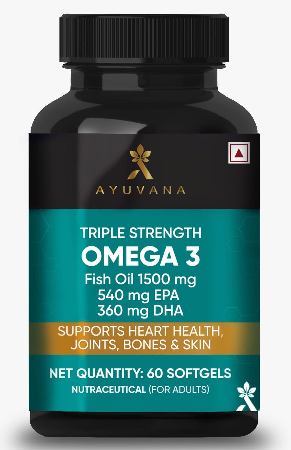 Ayuvana Triple Strength Omega 3 Fish Oil 1500 mg with 540 mg EPA & 360 mg DHA | Supports Heart, Joint, Bone & Skin Health | For Men and Women | 60 Softgels