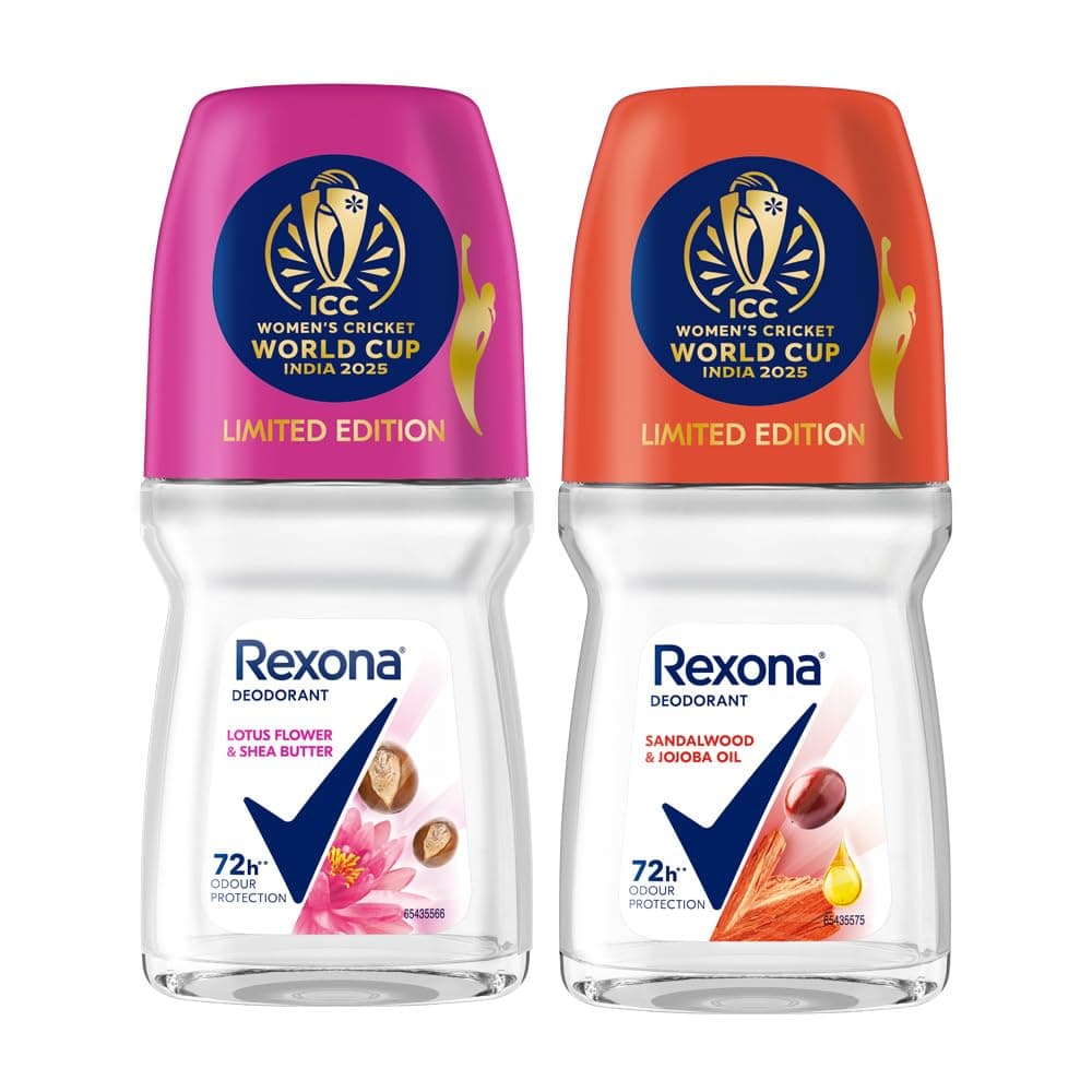 Rexona Lotus Flower & Shea Butter and Sandalwood & Jojoba Oil Antiperspirant Roll-On | for Women | Limited Edition Pack - ICC Women’s Cricket World Cup India 2025 |50 ML (Pack of 2)