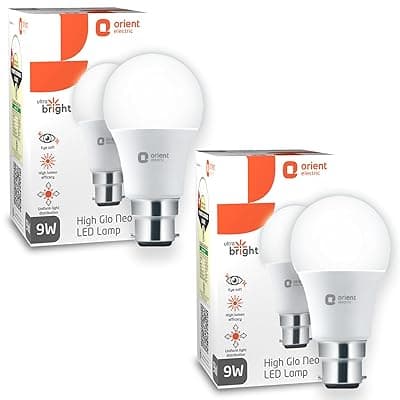Orient Electric Polycarbonate High Glo Led Lamp 9W, (Warm White, 3000K, B22 - Pack Of 2)