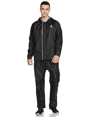 Amazon Brand - Symactive Polyester Raincoat with Jacket, Pants, Hood & Carry Bag (Unisex, Black, L) | 76.2 x 63.5 x 2.5 Cms