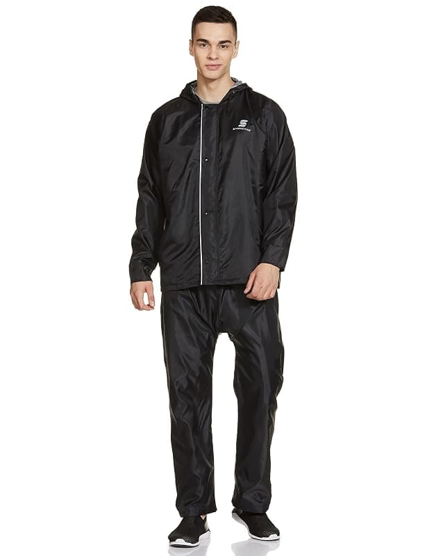 Amazon Brand - Symactive Polyester Raincoat with Jacket, Pants, Hood & Carry Bag (Unisex, Black, L) | 76.2 x 63.5 x 2.5 Cms