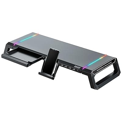 Acer Ergo Multifunction Monitor &amp; Laptop Stand Featuring RGB Lighting and a 4-Port USB Hub with Aluminum Multi Keyboard Storage Space Bar, Suitable for Both Office and Home Environments (Black)