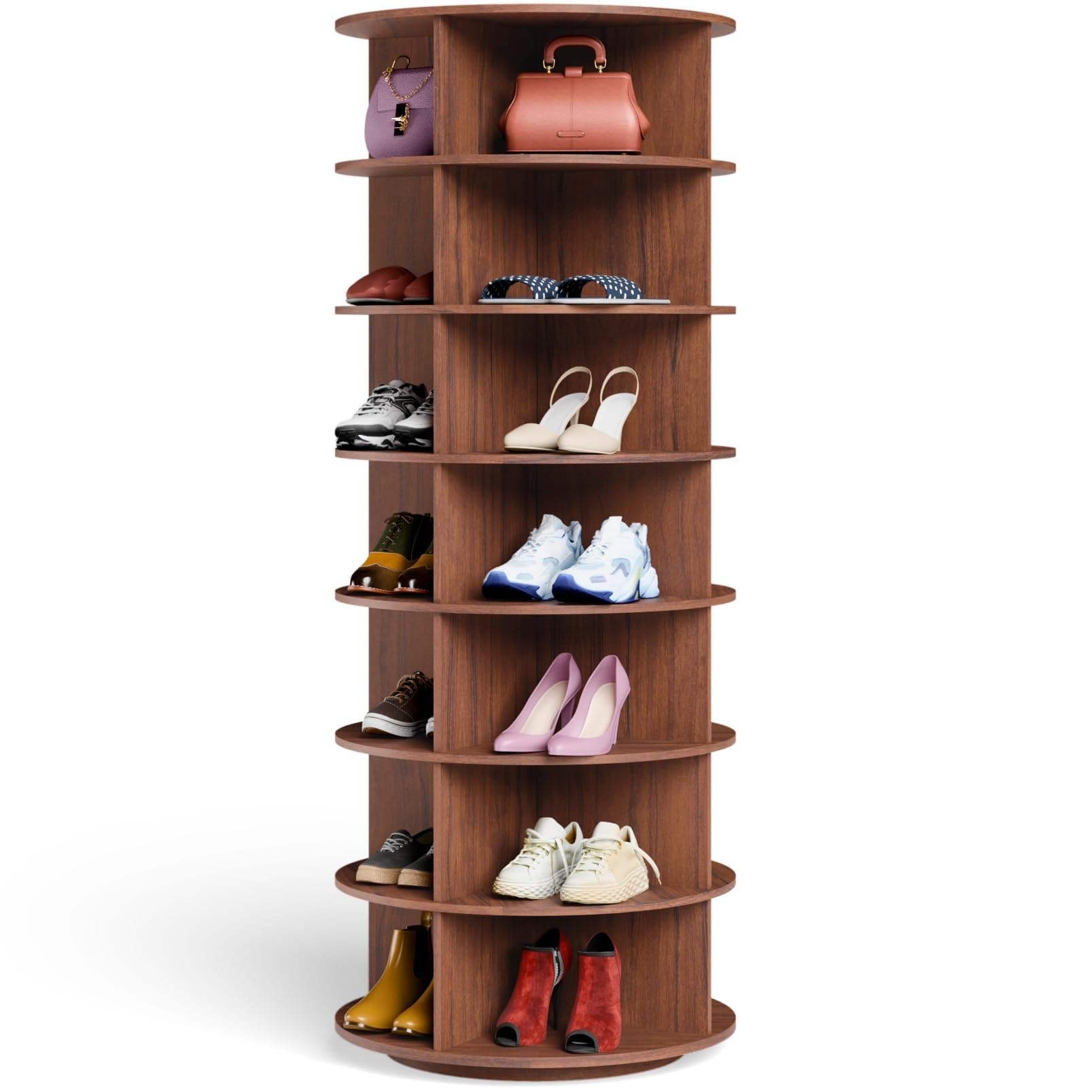 Rocco 360° Rotating Shoe Rack 7-Tier for 28 Pairs | Free Standing Engineered Wood Shoe Organizer | Moisture & Scratch Resistant | Space-Saving Tower Design for Bedroom & Hallway (Teak Brown, 7-Tier)