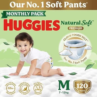 Huggies Natural Soft Premium Baby Diaper Pants, Our No.1 Soft Pants, Medium (M) Size (7-12 Kgs), Monthly Pack of 120 diapers | Cloud Softness All over with India's 1st Cloud Touch BeltTM
