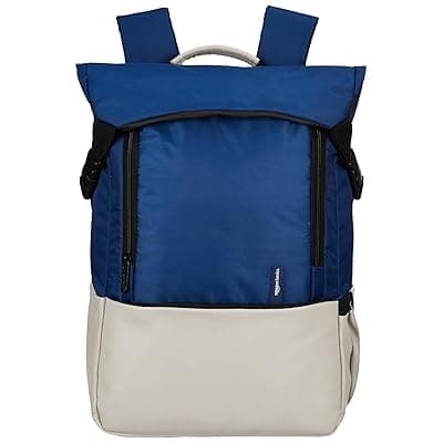 amazon basics Professional Laptop Backpack for Office, College &amp; Travel | Laptops up to 15.6 Inches | Trolley Sleeve | Wrinkle-Free Design | Water-Resistant | Rainproof Zippers (Beige and Blue)