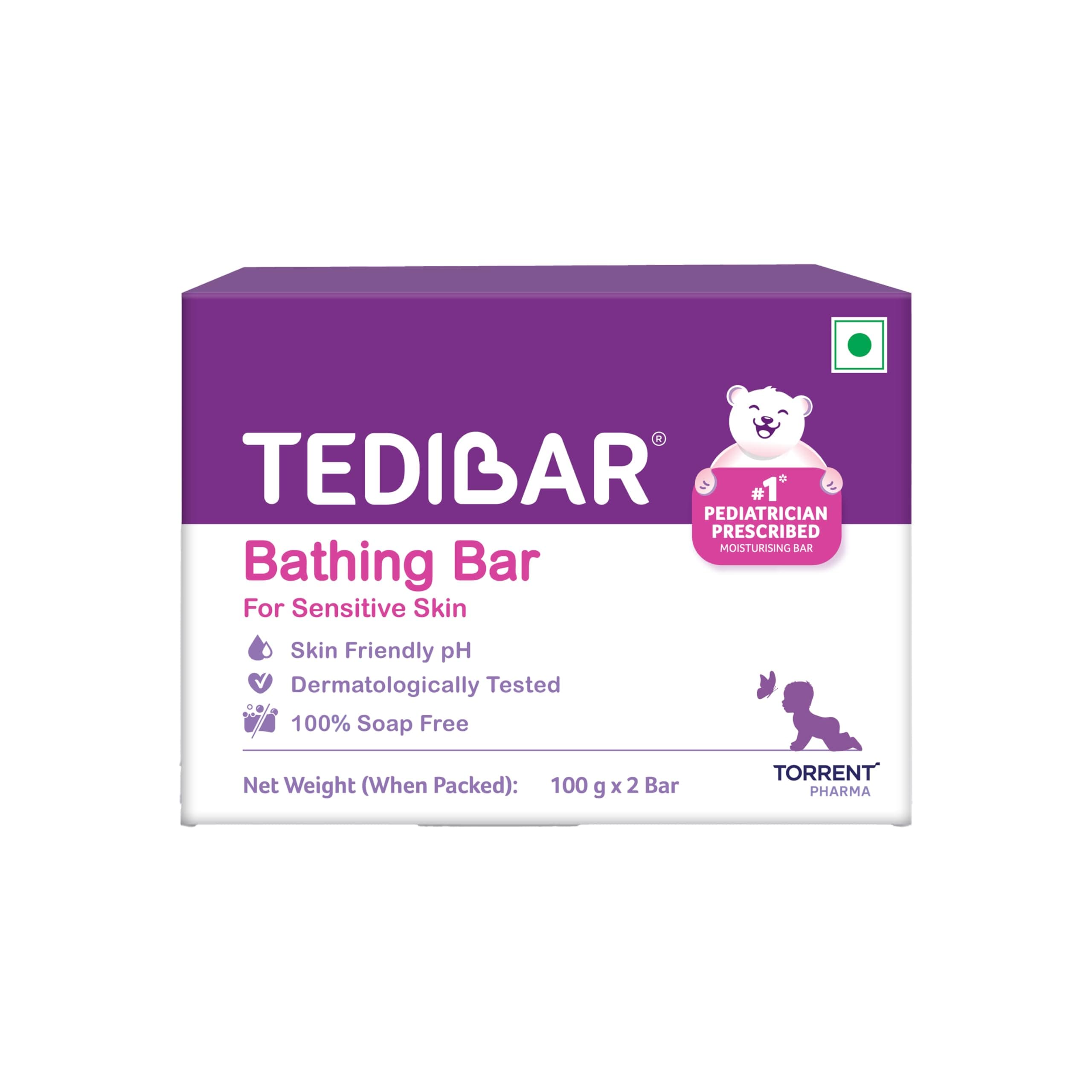 Tedibar Moisturising Baby Bathing Bar 100x2g (Pack of 1) 100% Soap Free No. 1* Pediatrician Prescribed Moisturising Bar - By Torrent Pharma