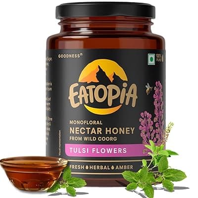 Eatopia Tulsi Honey | Natural Ayurvedic Immunity Booster | Helps in Curing Cough &amp; Cold | No Added Sugar | 100% Natural &amp; Pure Honey | Nectar Honey from Wild Coorg (Monofloral) | 500gm