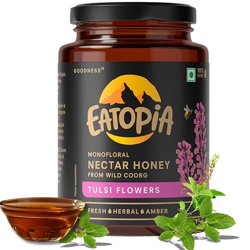 Eatopia Tulsi Honey | Natural Ayurvedic Immunity Booster | Helps in Curing Cough &amp; Cold | No Added Sugar | 100% Natural &amp; Pure Honey | Nectar Honey from Wild Coorg (Monofloral) | 500gm