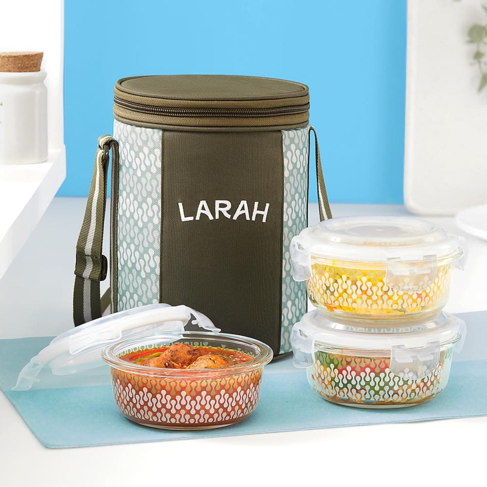 Larah Glassware Gracia Borosilicate Glass Lunchbox with Bag | 3pc Round Container Set (400 ml Each) | Microwave & Dishwasher Safe, Leakproof | Tiffin for Office, School, College | Green