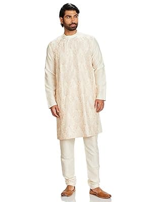 Amazon Brand - Symbol Men's Polyester Brocade Regular Festive Long Kurta &amp; Pyjama Set (2pcs)