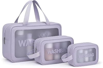 Gritty Wash Bag Pouch for Travel Kit Toiletry Bag Cosmetic Bag Make Up Box for Brushes, Accessories with Handle, Large Capacity Translucent Waterproof Travel Storage Organizer Set of 3(Purple)