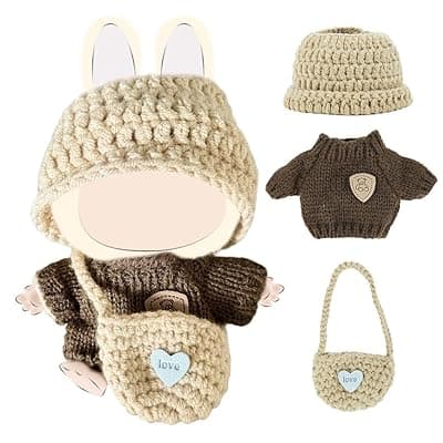 3 Pcs Clothes for 17cm Dolls, Clothes Set for 17cm Plush Toys, Crochet Knitted 3 Piece Set Hat Clothes Backpack for Dolls, Stylish Cute Doll Dress up Accessories (No Doll) (Brown)