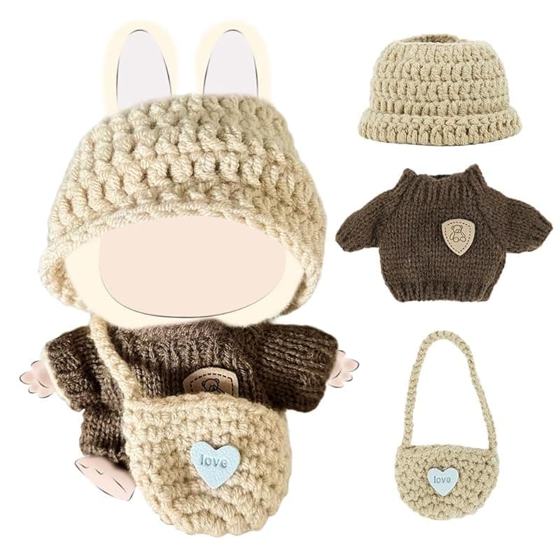 3 Pcs Clothes for 17cm Dolls, Clothes Set for 17cm Plush Toys, Crochet Knitted 3 Piece Set Hat Clothes Backpack for Dolls, Stylish Cute Doll Dress up Accessories (No Doll) (Brown)